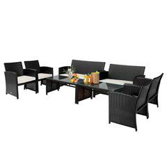 4 Piece Patio Rattan Cushioned Furniture Set with Loveseat, 2 Armchairs and Tempered Glass Coffee Table, Black Weave and Cream Cushions