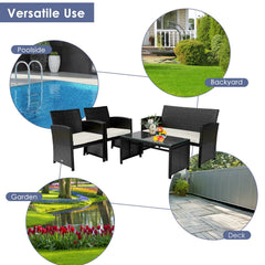 4 Piece Patio Rattan Cushioned Furniture Set with Loveseat, 2 Armchairs and Tempered Glass Coffee Table, Black Weave and Cream Cushions