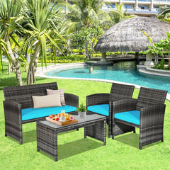 4 Piece Patio Rattan Furniture Set with Loveseat, 2 Chairs and Tempered Glass Coffee Table, Mix Grey Weave, Turquoise Cushions