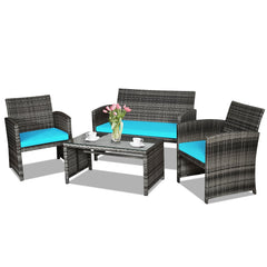 4 Piece Patio Rattan Furniture Set with Loveseat, 2 Chairs and Tempered Glass Coffee Table, Mix Grey Weave, Turquoise Cushions