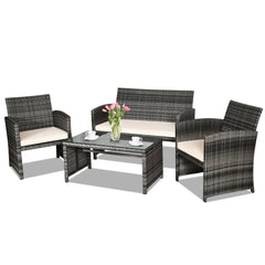 4 Piece Patio Rattan Furniture Set with Loveseat, 2 Chairs and Tempered Glass Coffee Table, Mix Grey Weave, Cream Cushions