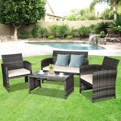 4 Piece Patio Rattan Furniture Set with Loveseat, 2 Chairs and Tempered Glass Coffee Table, Mix Grey Weave, Cream Cushions