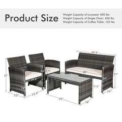 4 Piece Patio Rattan Furniture Set with Loveseat, 2 Chairs and Tempered Glass Coffee Table, Mix Grey Weave, Cream Cushions
