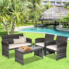 4 Piece Patio Rattan Furniture Set with Loveseat, 2 Chairs and Tempered Glass Coffee Table, Mix Grey Weave, Cream Cushions