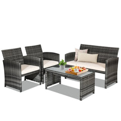 4 Piece Patio Rattan Furniture Set with Loveseat, 2 Chairs and Tempered Glass Coffee Table, Mix Grey Weave, Cream Cushions