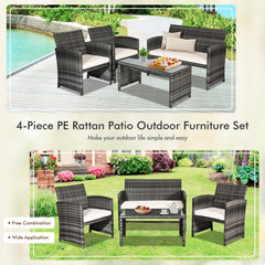 4 Piece Patio Rattan Furniture Set with Loveseat, 2 Chairs and Tempered Glass Coffee Table, Mix Grey Weave, Cream Cushions