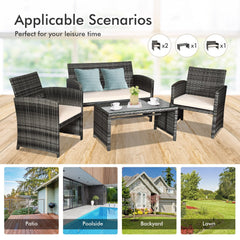 4 Piece Patio Rattan Furniture Set with Loveseat, 2 Chairs and Tempered Glass Coffee Table, Mix Grey Weave, Cream Cushions