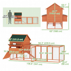 137" Wooden Chicken Coop with Chicken Run, Nesting Box, Dark Grey