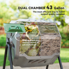 43 Gallon (160L) Tumbling Compost Bin Outdoor Dual Chamber 360° Rotating Composter with Sliding Doors, Solid Steel Frame and Gloves, Black
