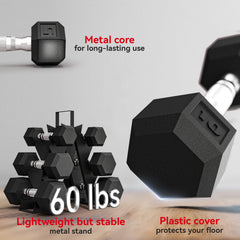 60 LBS Hex Dumbbell Set with Rack, Rubber Coated Weights with Non-Slip Handles for Home Gym Strength Training
