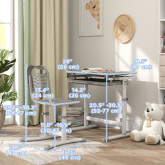 Height Adjustable Study Table and Chair Set with Drawer, Pen Slot, Tiltable Desktop, Hook, Blue