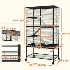 Rolling Small Animal Cage 34"H Chinchilla Cage for Ferrets, Squirrels w/ Removable Tray, Storage Shelf, Black