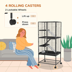 Rolling Small Animal Cage 34"H Chinchilla Cage for Ferrets, Squirrels w/ Removable Tray, Storage Shelf, Black