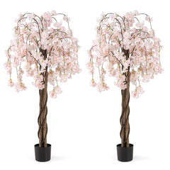 5.5 FT Tall Artificial Cherry Blossom Tree with Pink/White Flowers 2 Pack-White