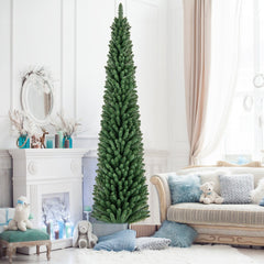 8 FT Unlit Pencil Christmas Tree with 671 Memory Wire Branch Tips and Upgraded Metal Stand