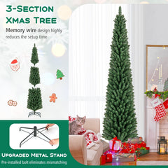 8 FT Unlit Pencil Christmas Tree with 671 Memory Wire Branch Tips and Upgraded Metal Stand
