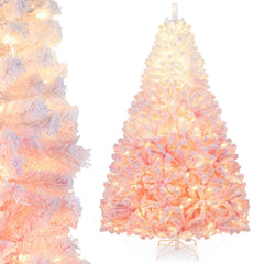 7 FT Pink Gradient Snow Flocked Pre-Lit Christmas Tree with 1264 Tips and 350 Warm White LEDs