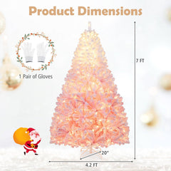 7 FT Pink Gradient Snow Flocked Pre-Lit Christmas Tree with 1264 Tips and 350 Warm White LEDs