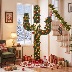 7 FT Pre-Lit Artificial Cactus Christmas Tree with 160 Warm White LED Lights and 60 Ball Ornaments