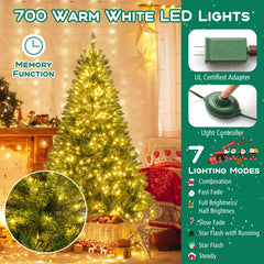 6 FT Pre-Lit Hinged Christmas Tree with 814 Tips, 700 Warm White LEDs, 7 Modes and Memory