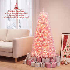 5 FT Pink Flocked Fir Christmas Tree with 432 Tips, 160 Warm White LEDs and 8 Lighting Modes