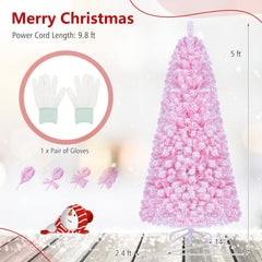5 FT Pink Flocked Fir Christmas Tree with 432 Tips, 160 Warm White LEDs and 8 Lighting Modes