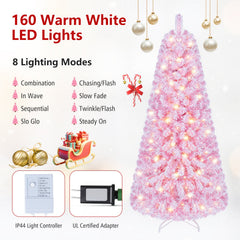 5 FT Pink Flocked Fir Christmas Tree with 432 Tips, 160 Warm White LEDs and 8 Lighting Modes