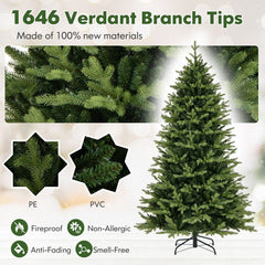 7 FT Pre-Lit Artificial Christmas Tree, Hinged, 1646 PE and PVC Tips, 470 LEDs, 11 Modes and Remote
