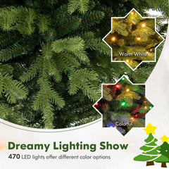 7 FT Pre-Lit Artificial Christmas Tree, Hinged, 1646 PE and PVC Tips, 470 LEDs, 11 Modes and Remote