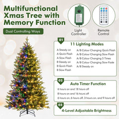 7 FT Pre-Lit Artificial Christmas Tree, Hinged, 1646 PE and PVC Tips, 470 LEDs, 11 Modes and Remote