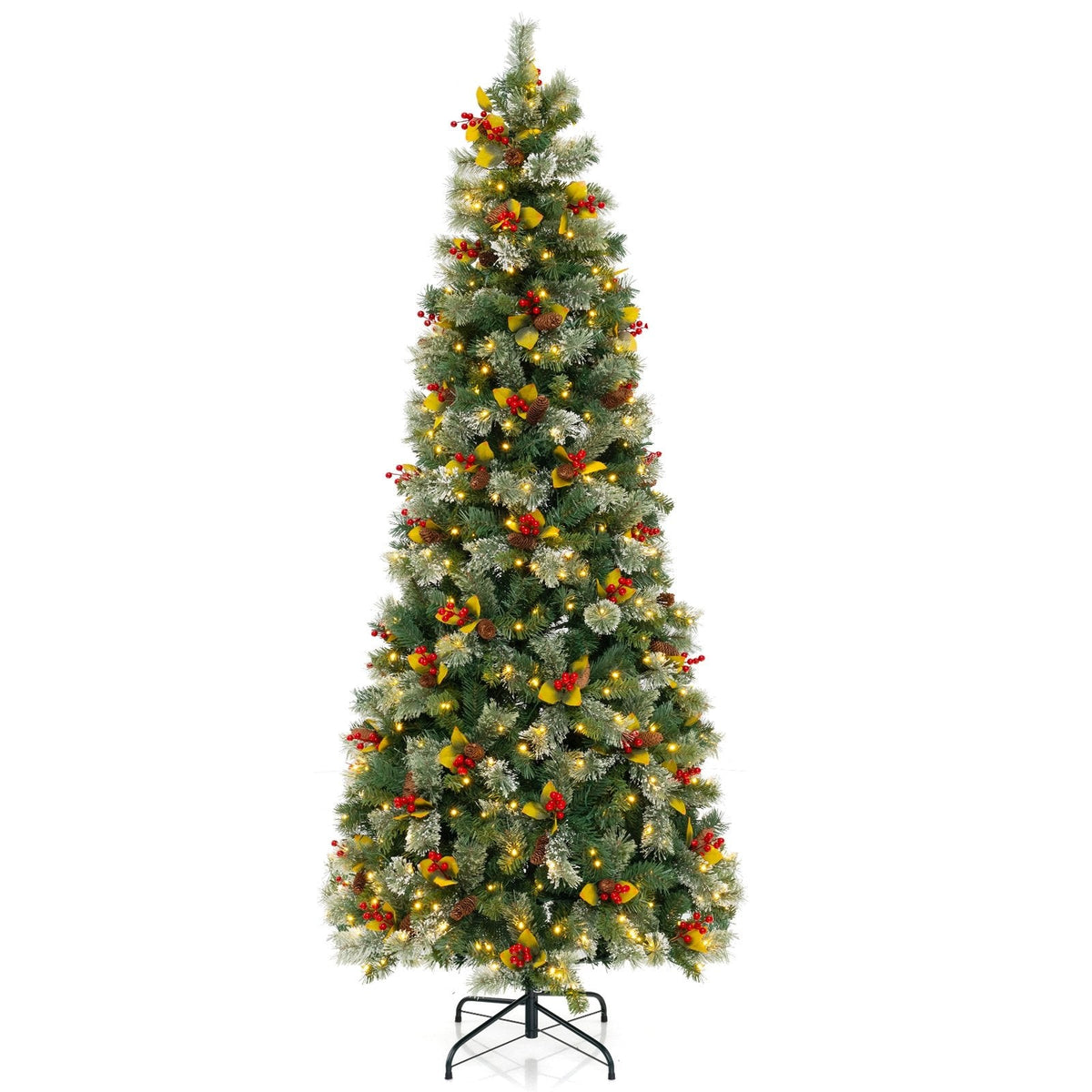 7.5 FT Pre-Lit Christmas Tree with 1096 Tips in Four Leaf Types, Red Berries and 460 Warm White LEDs