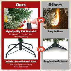 7.5 FT Pre-Lit Christmas Tree with 1096 Tips in Four Leaf Types, Red Berries and 460 Warm White LEDs