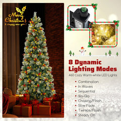 7.5 FT Pre-Lit Christmas Tree with 1096 Tips in Four Leaf Types, Red Berries and 460 Warm White LEDs