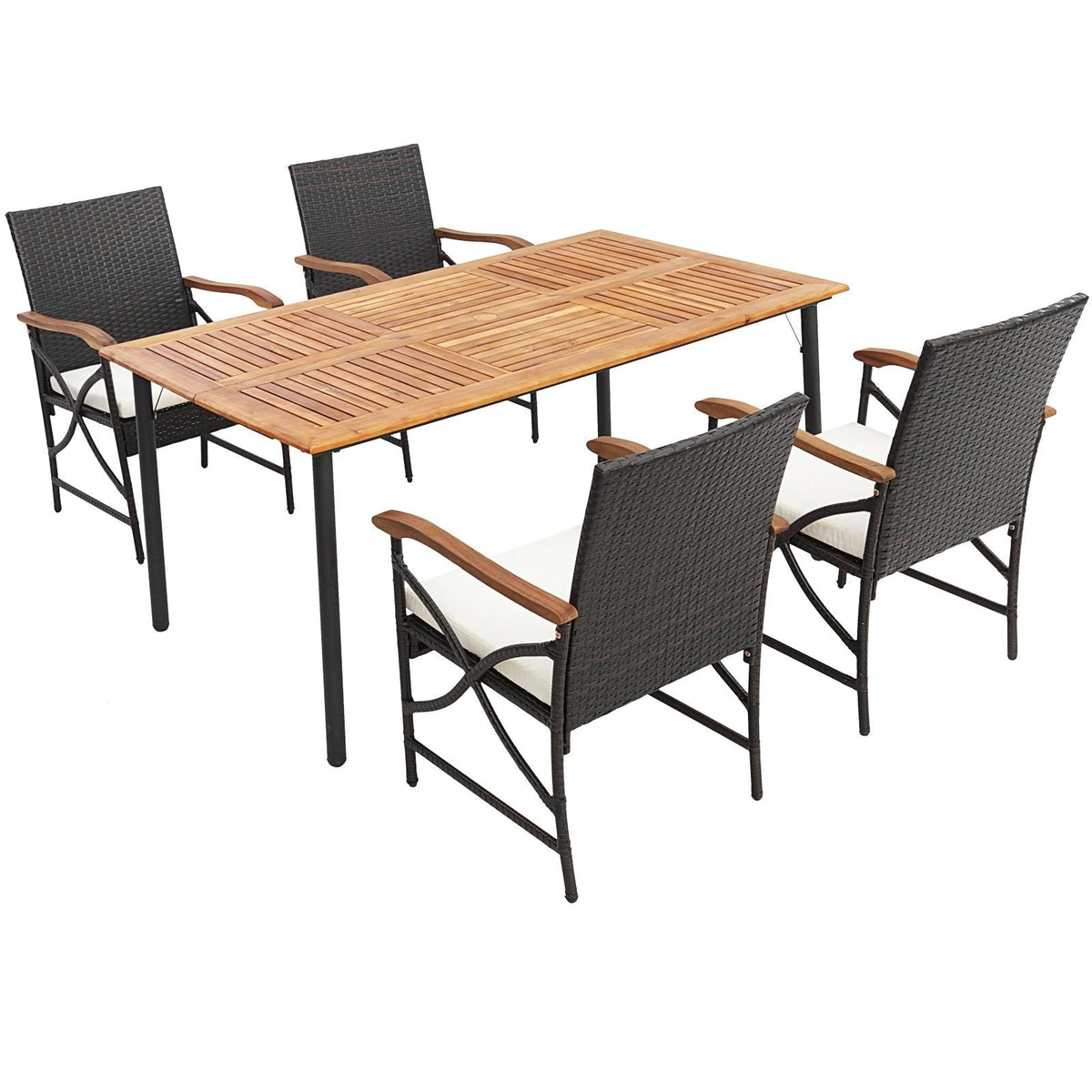 5 Piece Outdoor Dining Set, 63 Inch Acacia Topped Table with 1.9 Inch Umbrella Hole and 4 Wicker Armchairs with Wood Arms