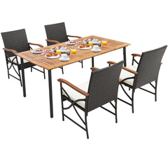 5 Piece Outdoor Dining Set, 63 Inch Acacia Topped Table with 1.9 Inch Umbrella Hole and 4 Wicker Armchairs with Wood Arms