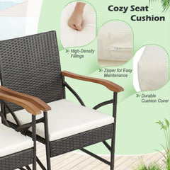 5 Piece Outdoor Dining Set, 63 Inch Acacia Topped Table with 1.9 Inch Umbrella Hole and 4 Wicker Armchairs with Wood Arms