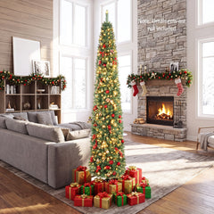 9 FT Pre-Lit Slim Pencil Christmas Tree with 860 Branch Tips and 400 Warm White Light Beads