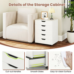 5 Drawer Mobile File Cabinet with Wheels for Living Room-White