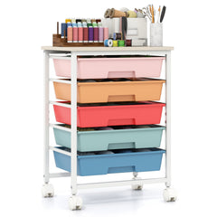 5-Drawer Rolling Cart with Wooden Tabletop and Metal Frame for Craft Room-Macaron