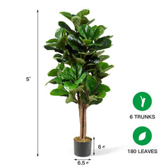 5 Foot Artificial Fiddle Leaf Fig Tree, 180 Leaves in a Cement Weighted Planter