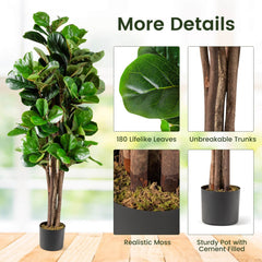 5 Foot Artificial Fiddle Leaf Fig Tree, 180 Leaves in a Cement Weighted Planter