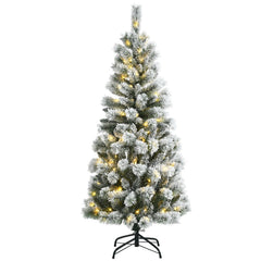 5 FT Pre-Lit Snow Flocked Hinged Christmas Tree with 279 Tips, 140 Colour LEDs and Remote