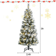 5 FT Pre-Lit Snow Flocked Hinged Christmas Tree with 279 Tips, 140 Colour LEDs and Remote