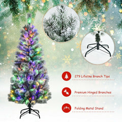 5 FT Pre-Lit Snow Flocked Hinged Christmas Tree with 279 Tips, 140 Colour LEDs and Remote