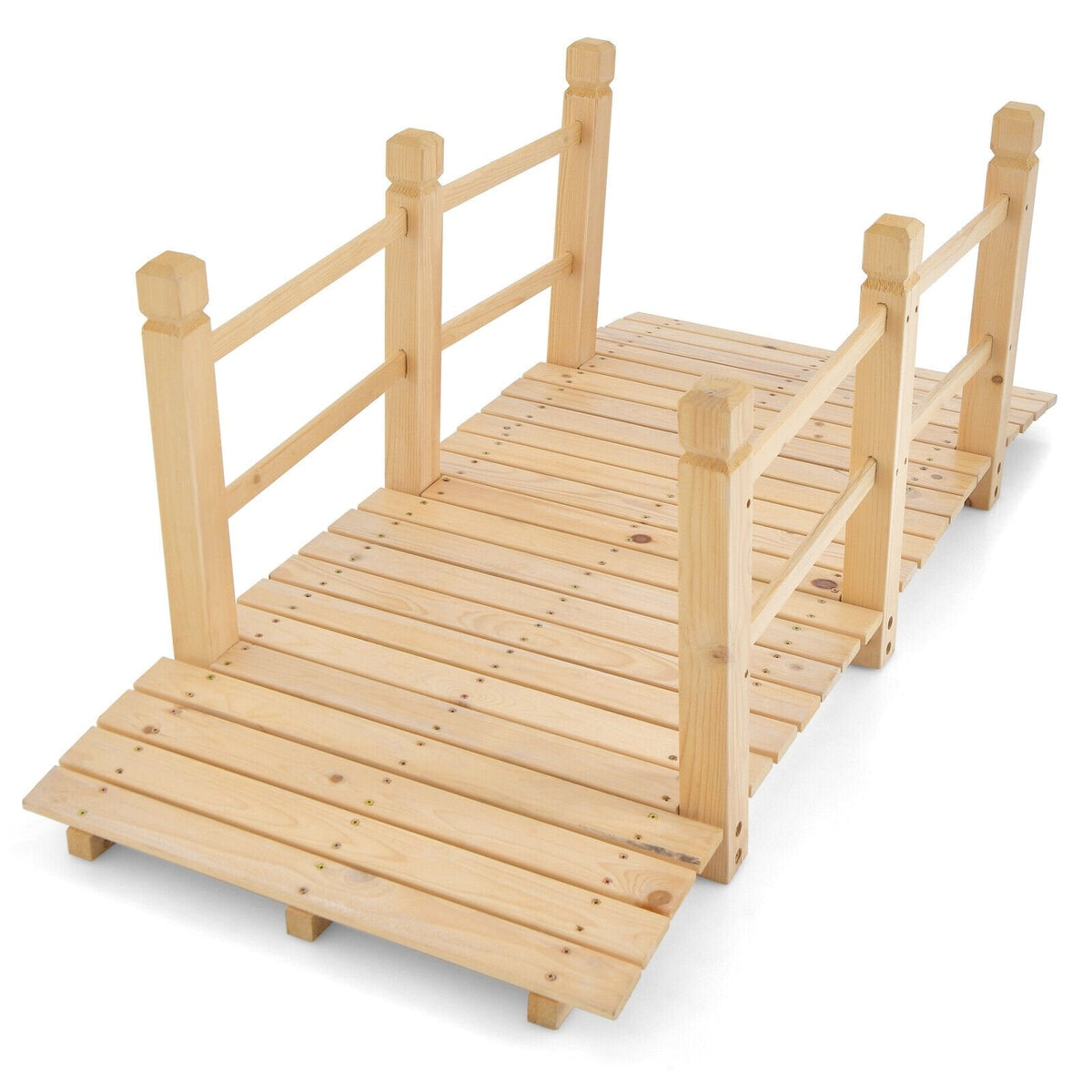 5 Feet Wooden Garden Bridge with Safety Rails-Natural