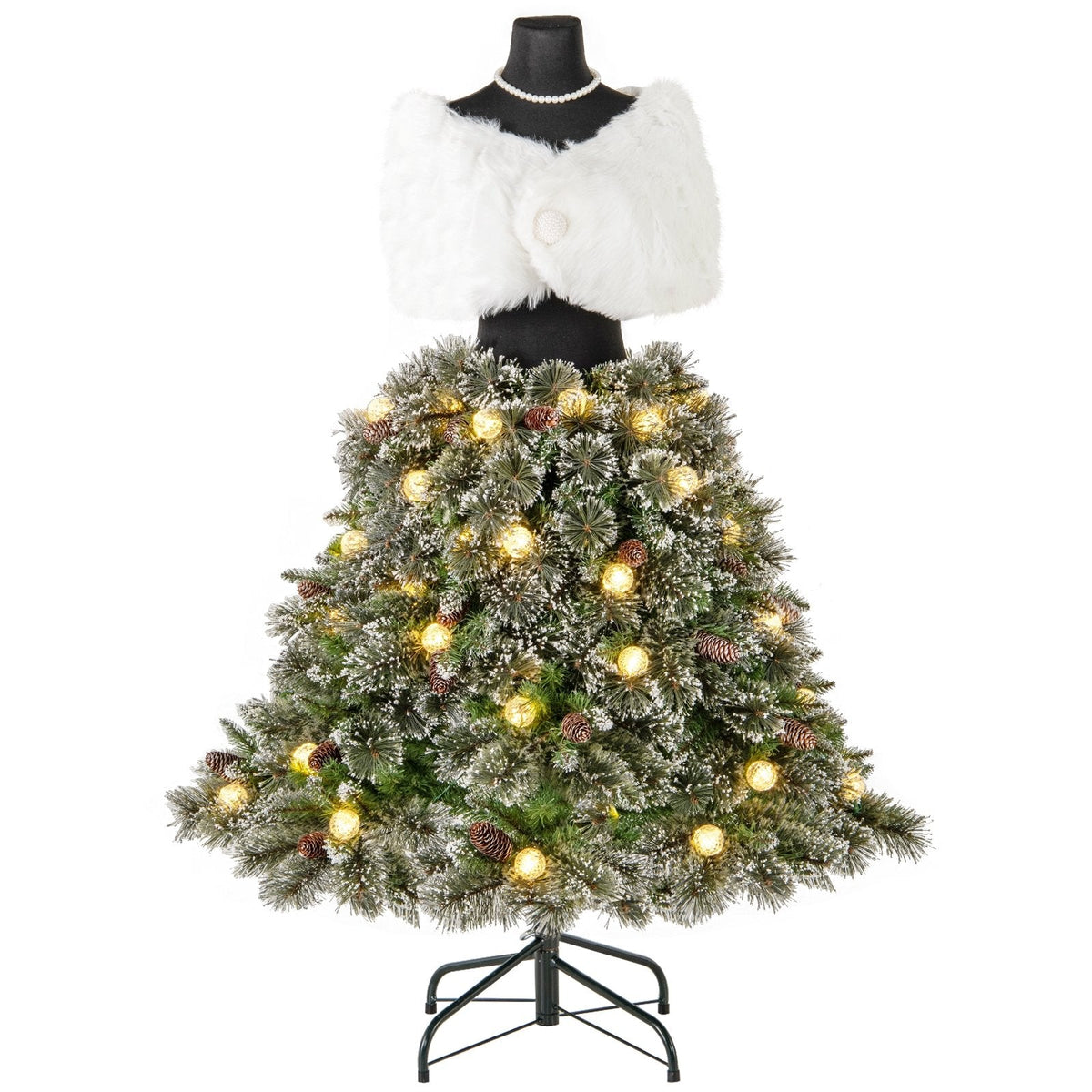 5 FT Pre-Lit Snowy Mannequin Dress Form Christmas Tree with 465 Tips, 36 Pine Cones and 50 Light Balls