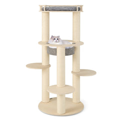 59 Inch Wooden Cat Tree with Pine Fence Perch, Non Woven Hammock and 4.4 Inch Sisal Posts, Gray