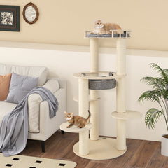 59 Inch Wooden Cat Tree with Pine Fence Perch, Non Woven Hammock and 4.4 Inch Sisal Posts, Gray