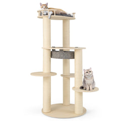 59 Inch Wooden Cat Tree with Pine Fence Perch, Non Woven Hammock and 4.4 Inch Sisal Posts, Gray