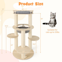 59 Inch Wooden Cat Tree with Pine Fence Perch, Non Woven Hammock and 4.4 Inch Sisal Posts, Gray